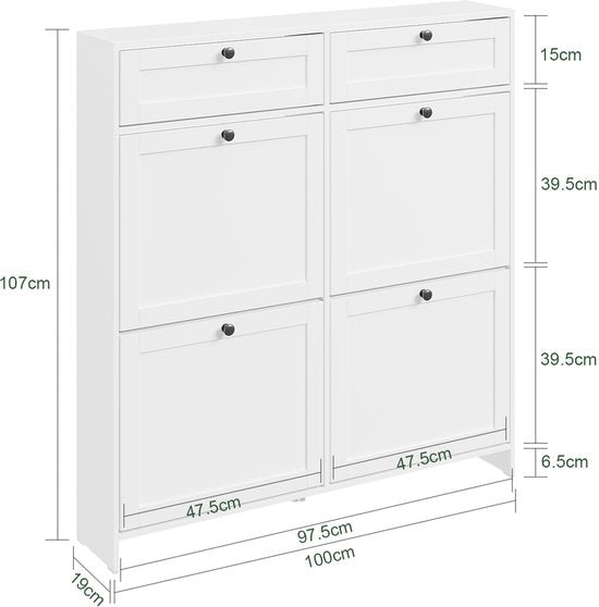 Armoire à chaussures SoBuy pour entrée, armoire à chaussures avec 2 tiroirs et 4 portes rabattables, rangement pratique pour 12 paires de chaussures, blanche, MDF E1, idéale pour les petits espaces - FSR208-W
