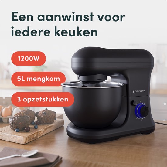 KitchenBrothers Robot de cuisine - Robot de cuisine - 5L - Batteur avec bol mélangeur - Batteur de cuisine - 1200W - Noir mat