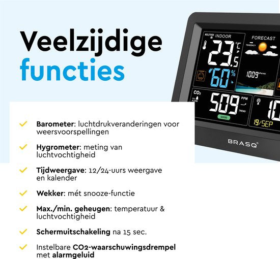 BRASQ Station météo intérieure et extérieure sans fil avec compteur de CO2 - Hygromètre - Avec capteur extérieur jusqu'à 60 mètres - Humidimètre - Thermomètre - Baromètre - piles incluses