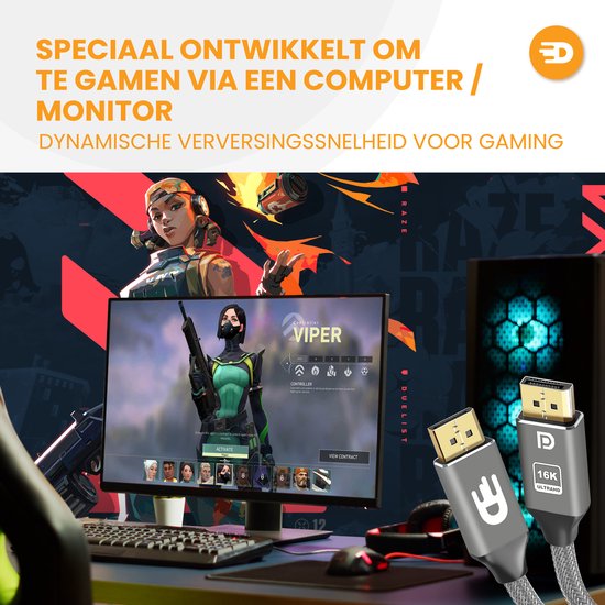 Drivv. Câble DisplayPort 2.1 - 16K 60 Hz - 8K 120 Hz - 4K 144 Hz - 80 Gbps - DisplayPort vers DisplayPort - Câble DP - 1 mètre - Gris