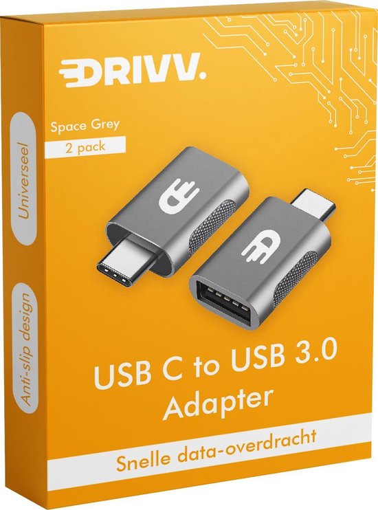 Drivv. Adaptateur USB C vers USB A - 2 pièces - Gris spatial - Thunderbolt 3 - USB 3.0 - 5Gbps