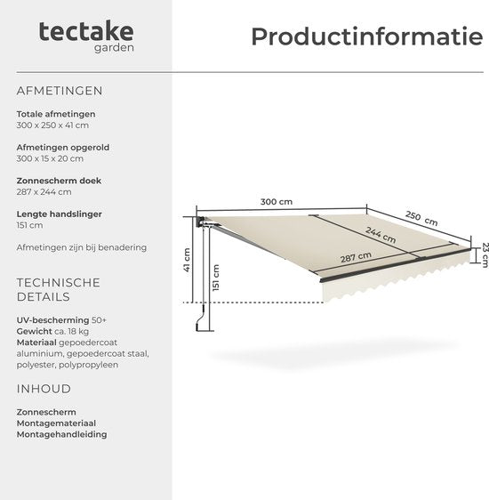 tectake® Sunshade with Articulated Arm - 300 x 250 cm - Store - Protection solaire pour fenêtre, balcon, extérieur - Fixation murale - Résistant à l'eau et aux UV - Beige