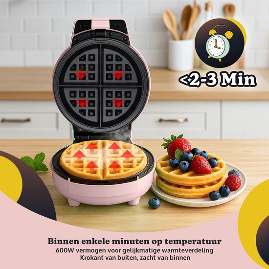 JAP Appliances Dough Joy Waffle Iron - Gaufrier pour 1 gaufre ronde - revêtement antiadhésif - voyant lumineux - Gaufres 16x16 cm - Rose