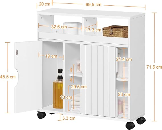 Armoire de salle de bains Yaheetech 69,5 x 20 x 71,5 cm - Portes coulissantes - Roulettes - Blanc