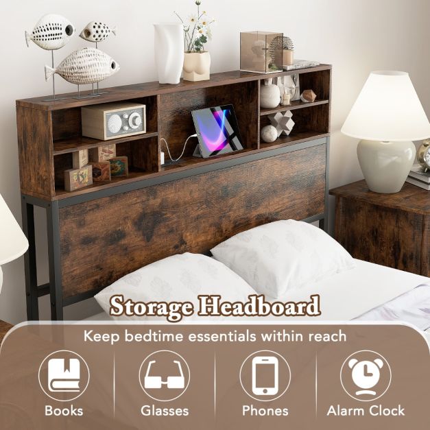 coast Cadre de lit double 200 x 140 cm - Cadre en métal avec chargeur - Rustic Brown - Avec tête de lit avec rangement