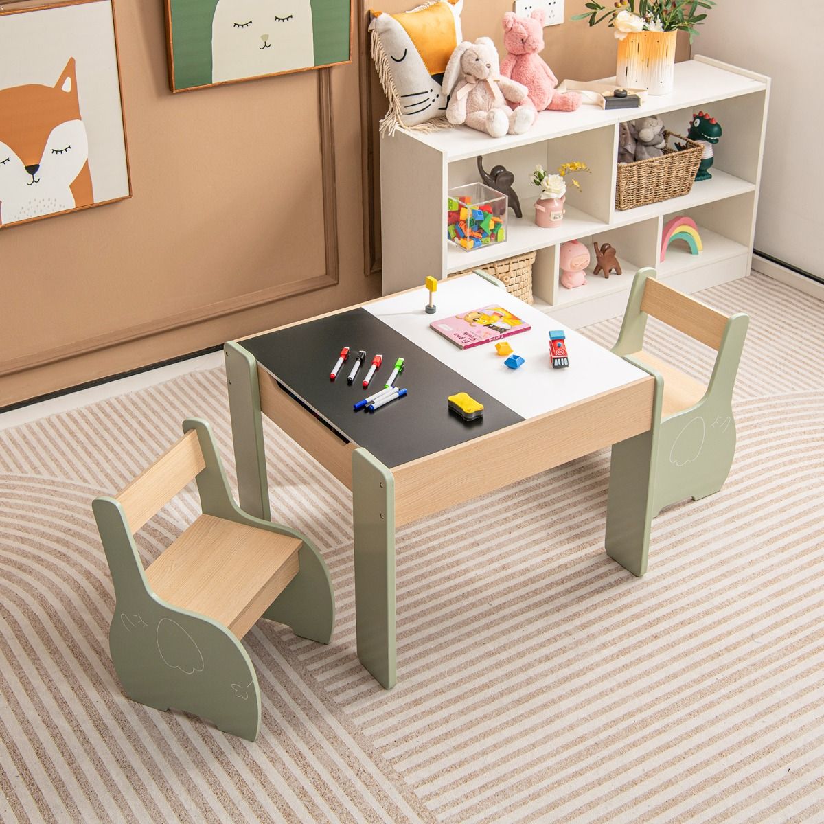 Ensemble de salon pour enfants Coast 3 pièces - Table pour enfants 4 en 1 avec 2 chaises et espace de rangement - vert