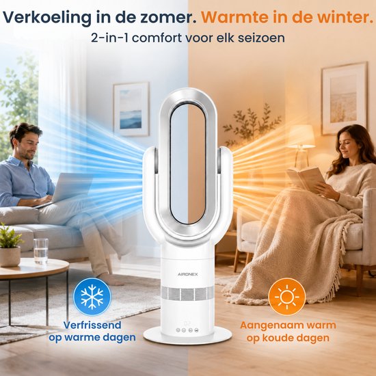 Ventilateur sans fil Aironex Swing avec chauffage – Radiateur soufflant – 2 en 1 : refroidissement et chauffage – 10 réglages – Oscillation à 71° – Télécommande – Blanc
