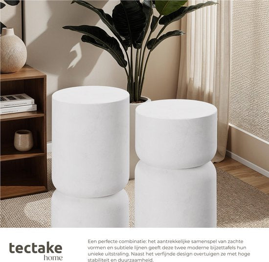 tectake® Table d'appoint Amine - Ø 28 x 54,5 cm - Lot de 2 tables d'appoint - Table basse en oxyde de magnésium robuste, aspect pierre - Petite table pour le salon, la chambre ou le bureau - Capacité de charge de 15 kg par table - Protège-sol inclus