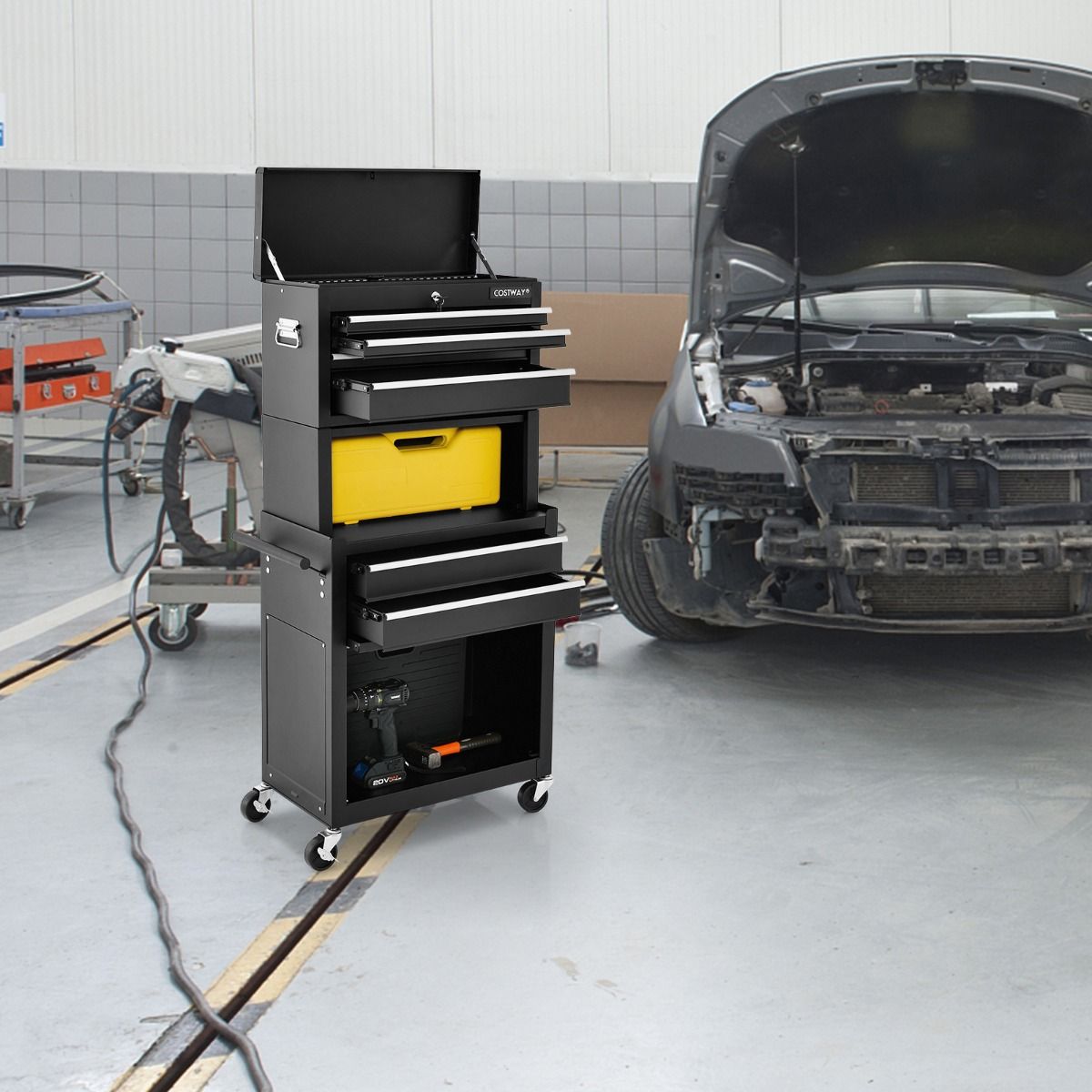 Coast - Chariot d'atelier Armoire à outils - 2-en-1, 6 tiroirs, verrouillable, capacité 83 kg - 61,5 x 33 x 132 cm - métal/acier - noir