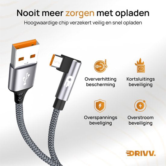 Drivv. Câble USB vers USB-C - À angle droit - Câble de données et de recharge USB-C - Recharge rapide - 1 mètre - Gris