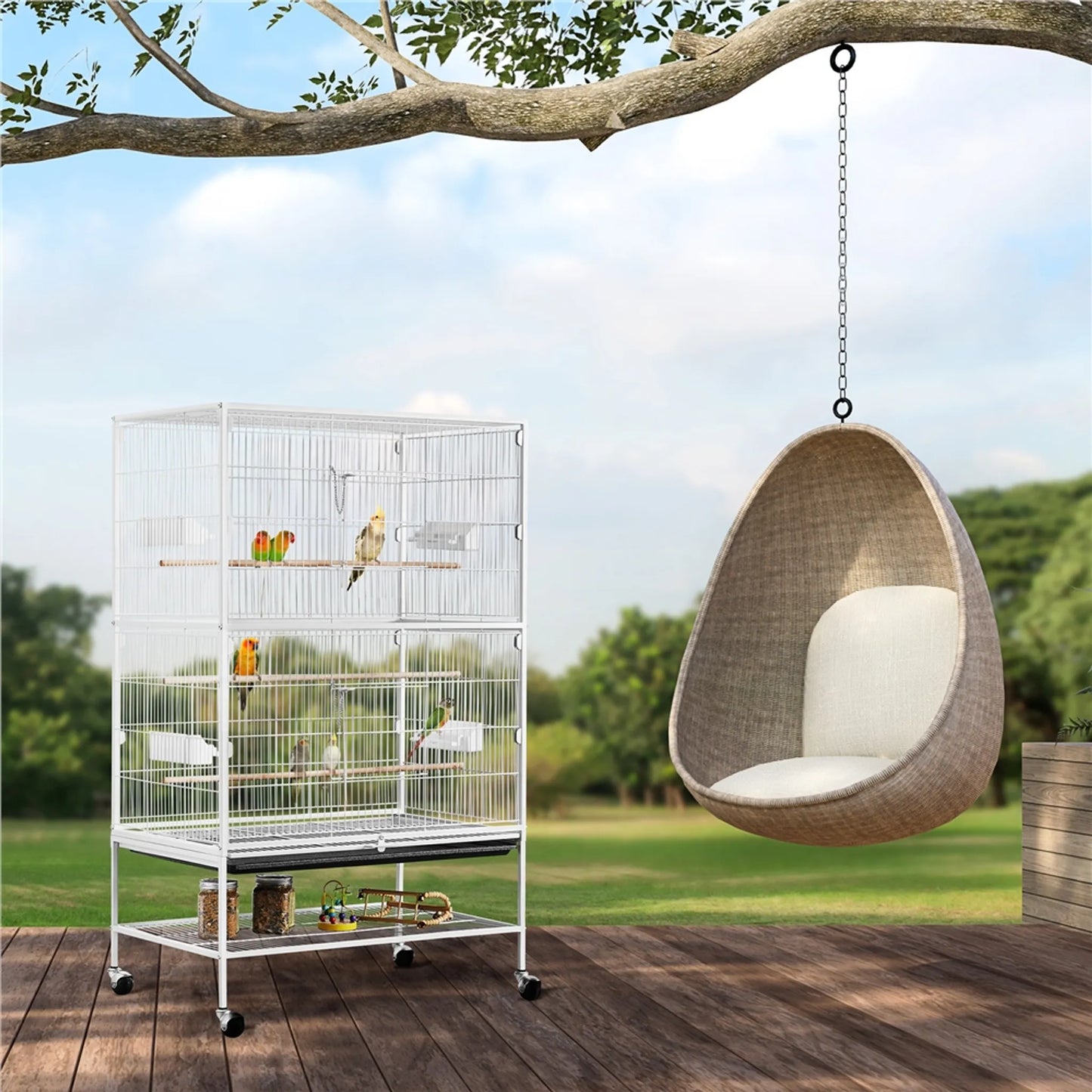 Yaheetech XXL Bird Cage With 360° Swivel Wheels - Fitted With Lower Storage Shelf And Three Perches And Secure Lock - For Parrots And Cockatoos - White Metal - 79 x 52 x 132 cm