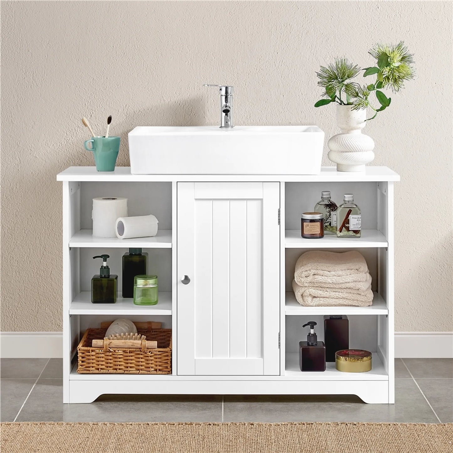 Yaheetech Meuble lavabo avec étagères réglables - équipé d'une niche pour siphon, de compartiments latéraux ouverts et d'une porte de placard - pour salle de bains et toilettes - Mdf blanc - 90 x 30 x 60 cm