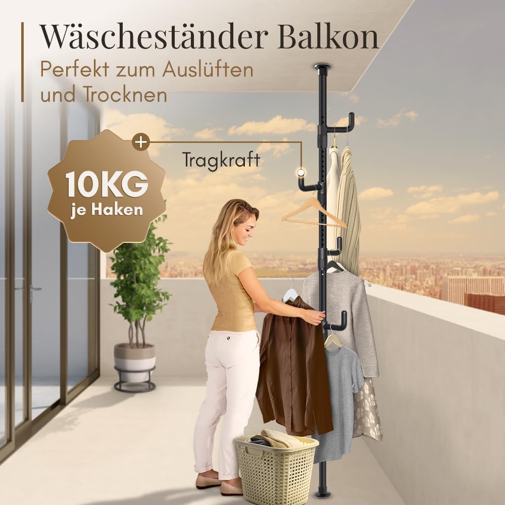 LOBUX® - Porte-manteau extensible, 5 crochets [noir, 110-310cm] - porte-manteau télescopique stable - porte-manteau gain de place, métal - valet de chambre - porte-manteau couloir - porte-manteau balcon