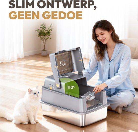 Petsy® - Bac à litière haut de gamme en acier inoxydable Pro - XXL - Avec neutralisateur d'odeurs - Avec pelle à litière, bac de récupération de litière et tapis anti-salissures - Pour grands et petits chats - Grande capacité de 37 L -