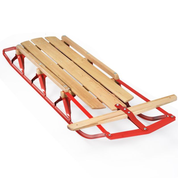 Coast Wooden and Steel Sled with Skates and Handlebar - 137x58x16 cm - Couleur rouge et bois - Pour adultes et enfants à partir de 5 ans - Capacité de charge maximale de 150 kg