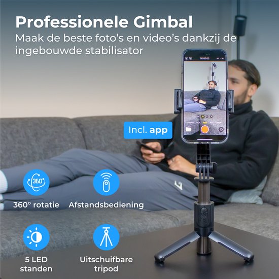 Nuvance - Stabilisateur à cardan pour smartphone - Stick à selfie - avec trépied et télécommande - Trépied