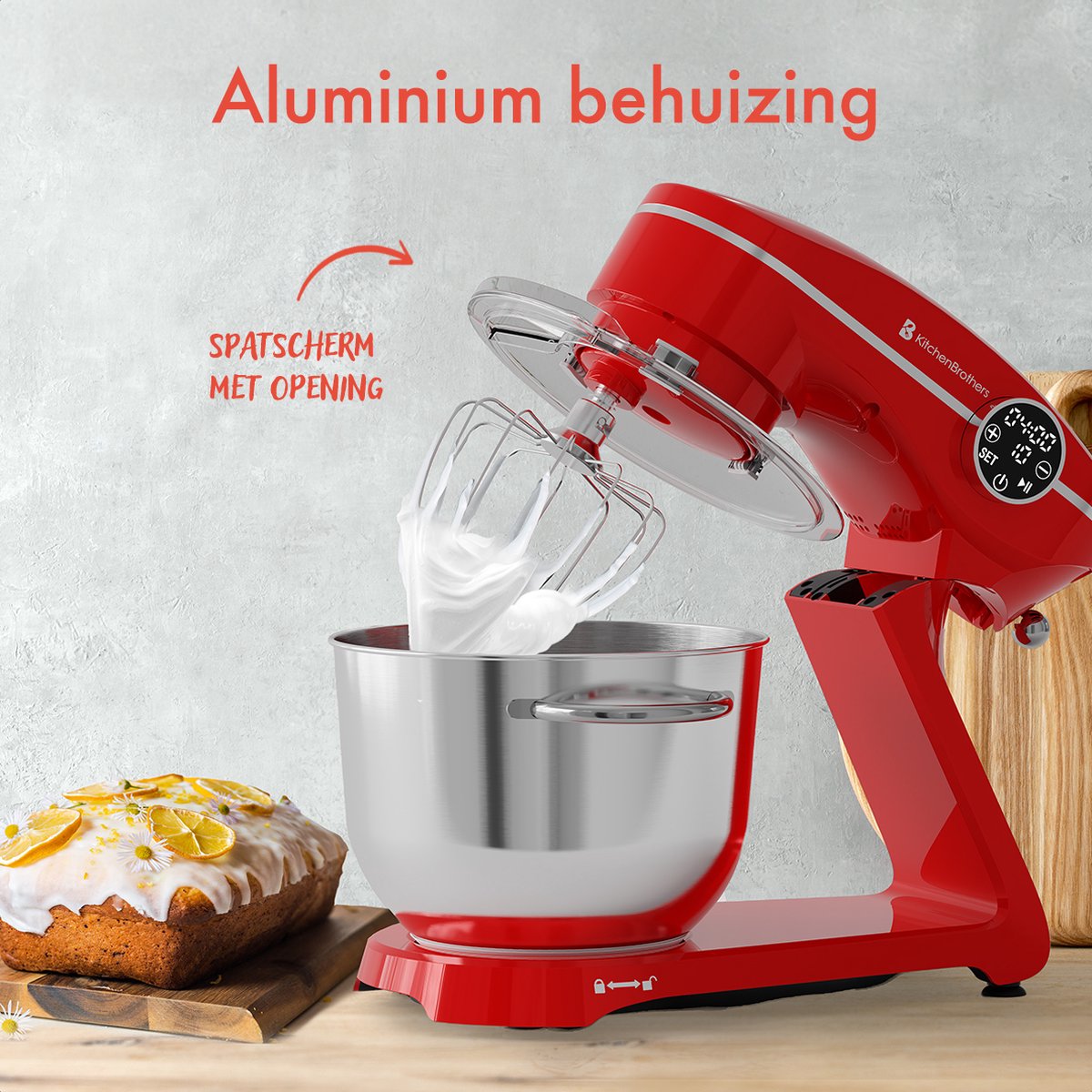 KitchenBrothers Robot de cuisine - Affichage tactile et minuterie - Robot de cuisine - 6L - 1800W - Aluminium - Rouge