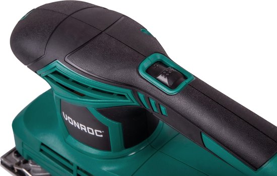 Ponceuse orbitale VONROC 240W - 90x187mm - Avec bac de récupération des poussières et 12 morceaux de papier de verre