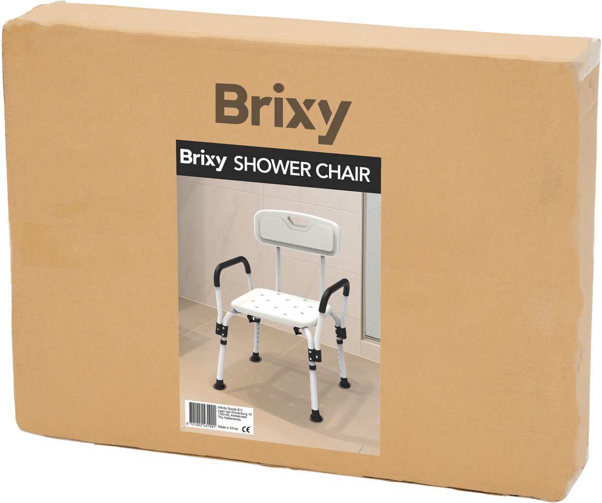 Brixy Shower Chair White 72-90 cm - Tabouret de douche réglable avec dossier et accoudoir amovibles, assise antidérapante et rembourrée, Max. 150 kg