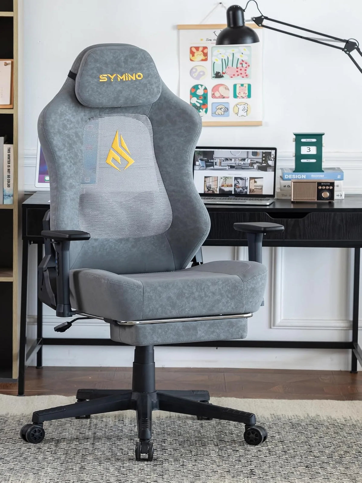 Fauteuil gaming ergonomique SYMINO avec dossier respirant – Cuir PU vintage – Gris – Métal et mousse