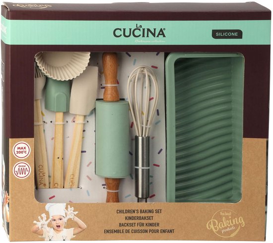 Set de pâtisserie pour enfants 12 pièces - moule à gâteau - fouet - rouleau à pâtisserie - deux spatules - brosse de cuisine et 6 moules à cupcakes en silicone