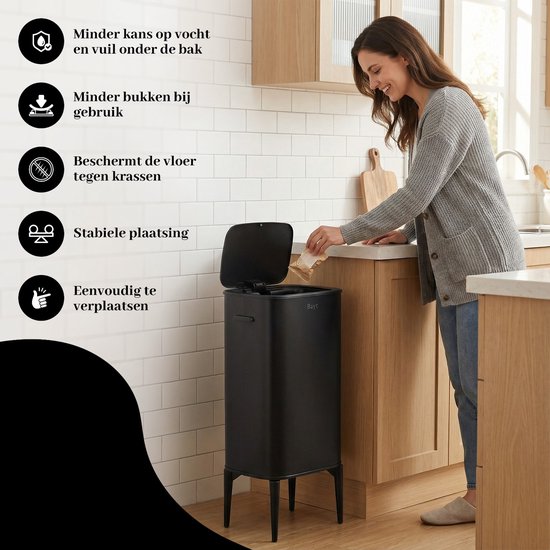 Bayt Poubelle sur pieds - Poubelle 60 litres - Poubelle - Corbeille - Acier inoxydable - Noir - 53L