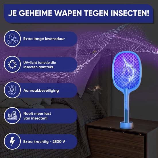 TTD® Premium Electric Fly Swatter and Mosquito Lamp Rechargeable - 2 Stages Fly Swatter and Mosquito Lamp - 2500 Volts - Avec filet de sécurité - Lumière UV - Attrape-mouches - Lampe à mouches - Lampe à moustiques pour l'intérieur et l'extérieur - Attrape