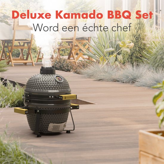 KitchenBrothers Kamado BBQ - 13 Inch Charcoal Barbecue - 27⌀ cm - PFAS-free - Deluxe Set - Egg BBQ with Accessories including Cover - Grey (en anglais)