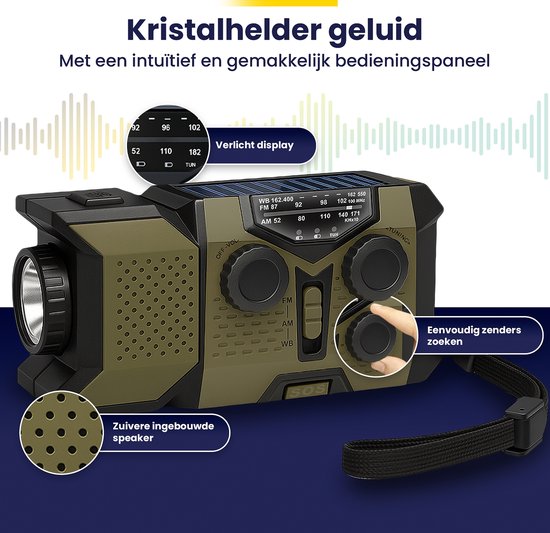 ODESSEY Radio d'urgence solaire rembobinable - 2000 mAh Powerbank - Lampe de poche - Radio portable - Kit d'urgence