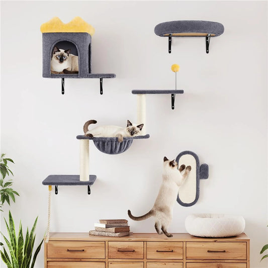 Yaheetech Meuble mural pour chat - 49 x 30 x 40 cm - équipé d'un terrier et d'un panier de couchage pour chat, de griffoirs en sisal et de plates-formes multiples - pour 1 à 5 chats - peluche et métal gris foncé