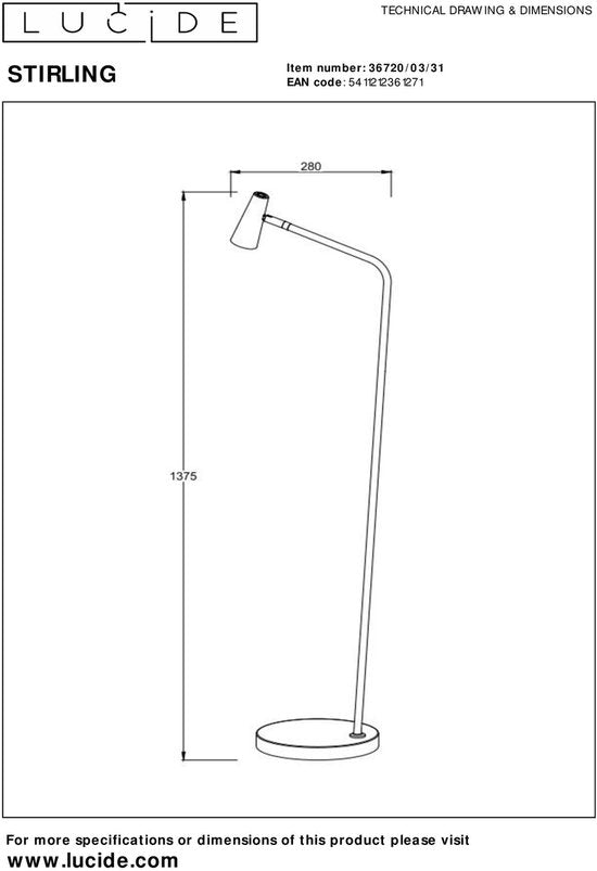 Lucide STIRLING - Lampadaire rechargeable - Batterie - LED à 3 niveaux de réglage de l'intensité - 1x3 W 2700 K - Blanc