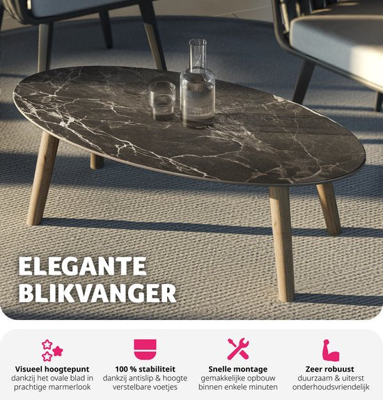 tectake® Coffee Table | Living Room Table, Oval Coffee Table with Wooden Legs | Marble Look | Weatherproof Side Table for Living Room, Terrace, Garden or Balcony - natural
