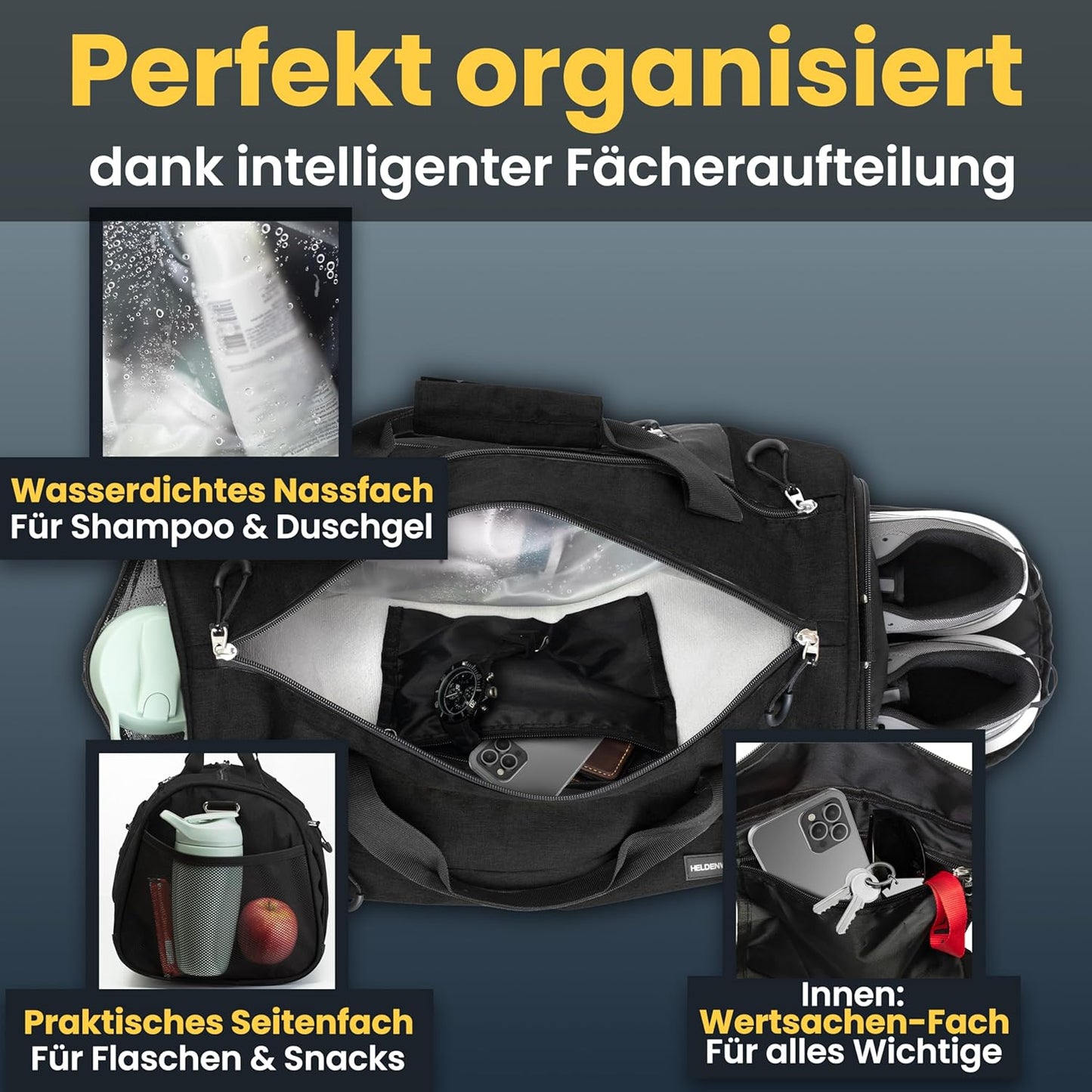 Herowerk Sac de sport avec compartiment à chaussures et compartiment humide, sac d'entraînement pour femmes et hommes, idéal comme sac de voyage, sac de fitness, sac d'entraînement ou sac de sport, noir, Sac de sport avec bandoulière