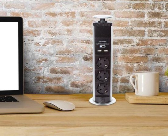 Perel Pop-up socket, 3 prises avec terre de protection (type F), 2 ports USB, trou de montage 71 mm, utilisation intérieure, noir/gris