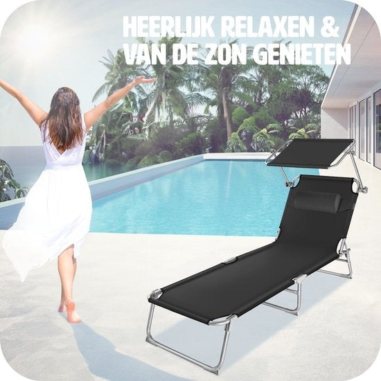 Tectake - Bain de soleil - Structure en acier avec toit coulissant - robuste, dossier réglable en 4 positions avec coussin - Idéal pour jardin, piscine, camping - Noir