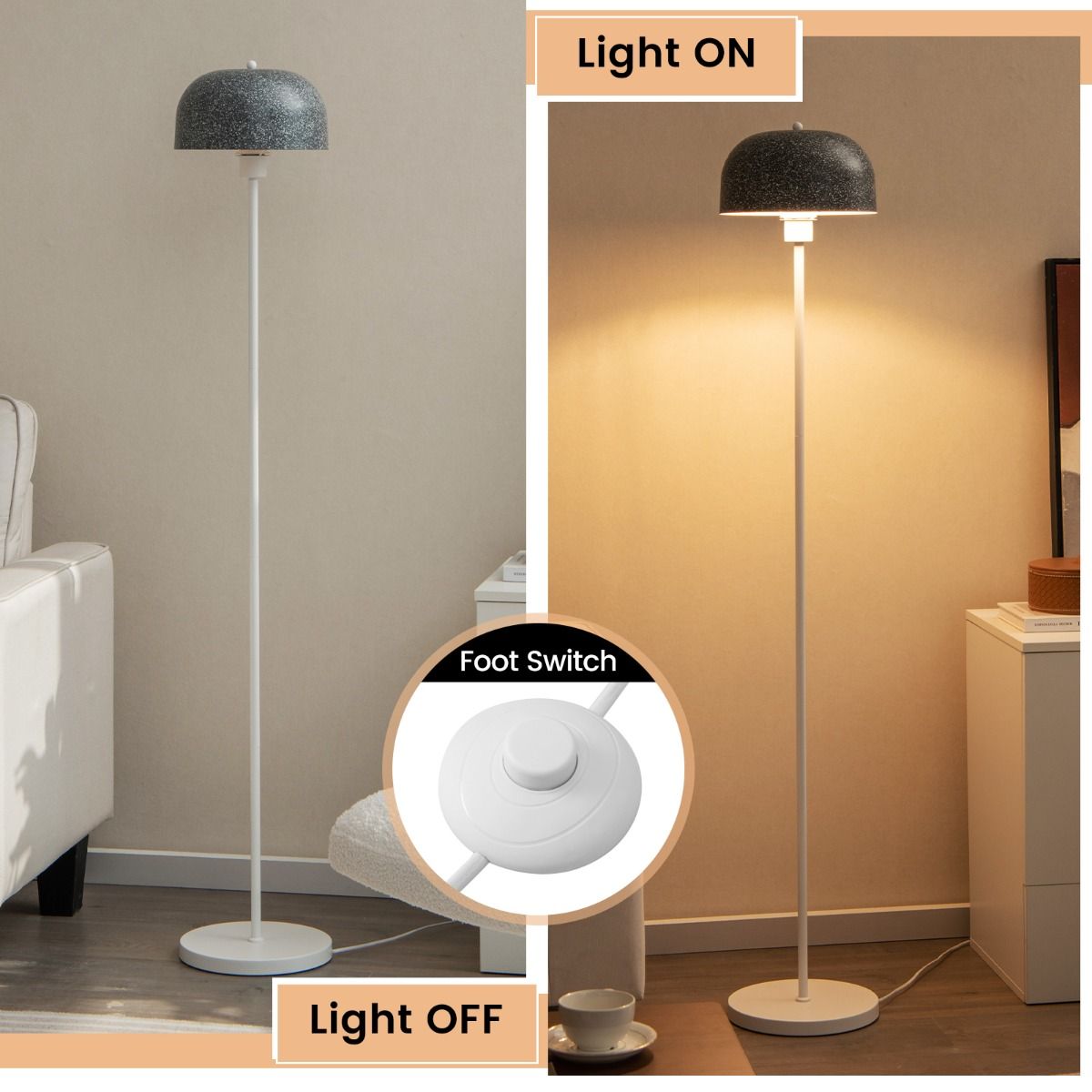 Coast Floor Lamp 146 cm Grey-White avec abat-jour et interrupteur à pied - Lampadaire moderne avec base lestée et ampoule E27