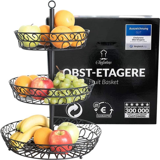 Étagère à Fruits - Chefarone - Corbeille à fruits - Coupe à fruits - Panier à légumes - Rangement - 3 étages - Métal - Noir