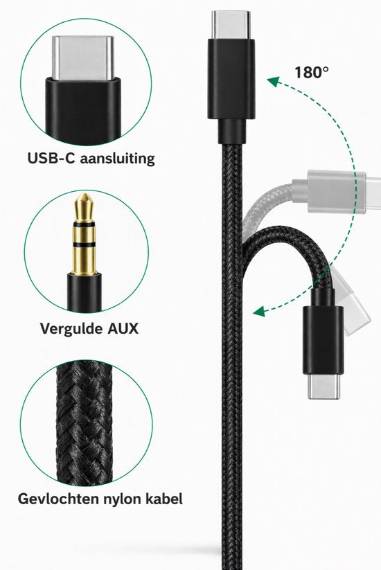 Câble JUALL USB-C vers AUX - USB-C vers prise jack 3,5 mm - Câble audio pour voiture - AUX vers USB-C - 1 mètre - Tressé noir