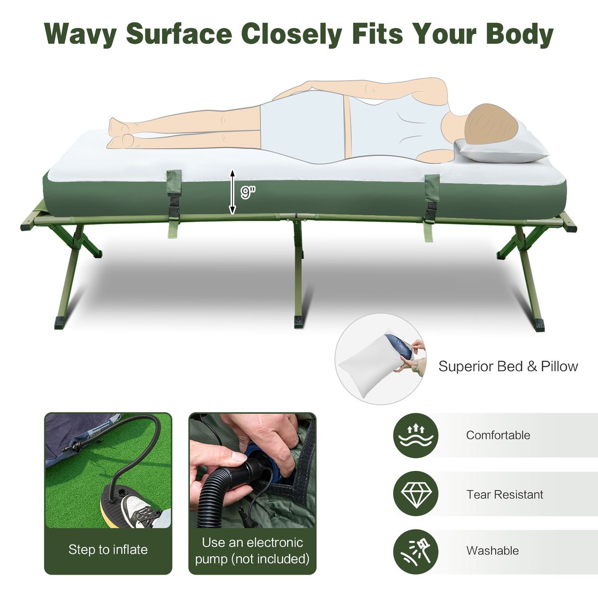 Lit de camp Coast avec tente - Kit de camping 5 en 1 - Matelas gonflable, sac de couchage et oreiller - Vert - 194 x 87 x 167 cm