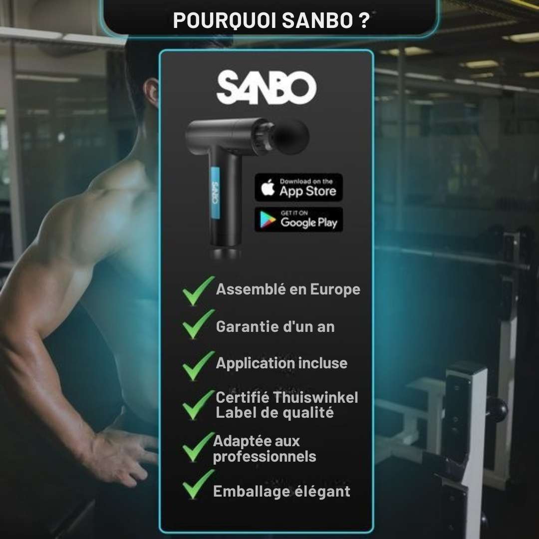 Pistolet de massage Sanbo  - Massage sportif et relaxant - Professional- Includes Case & App - Appareil de massage - Pistolet de massage - Fitness - Noir/Bleu
