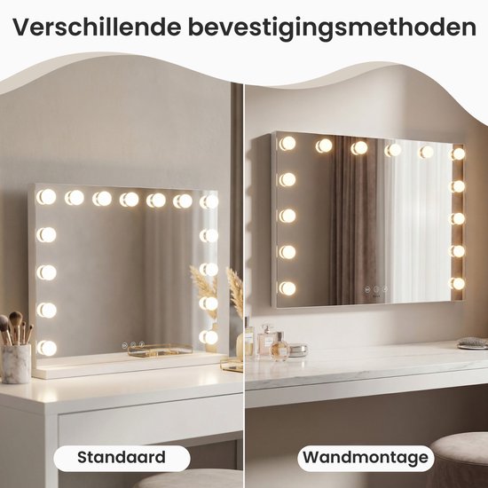 Miroir Bayt avec éclairage - Miroir de maquillage avec éclairage - Miroir Hollywoodien avec éclairage - Dimmable - 58x46cm - Blanc