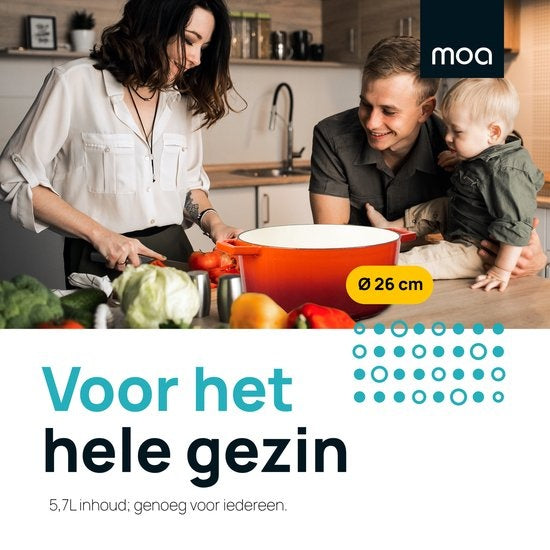 MOA Casserole en fonte - Capacité 5,7 litres - 26CM - Ronde - Toutes sources de chaleur - Egalement pour induction - Poids 5,8 kg - Rouge cerise - C26CB