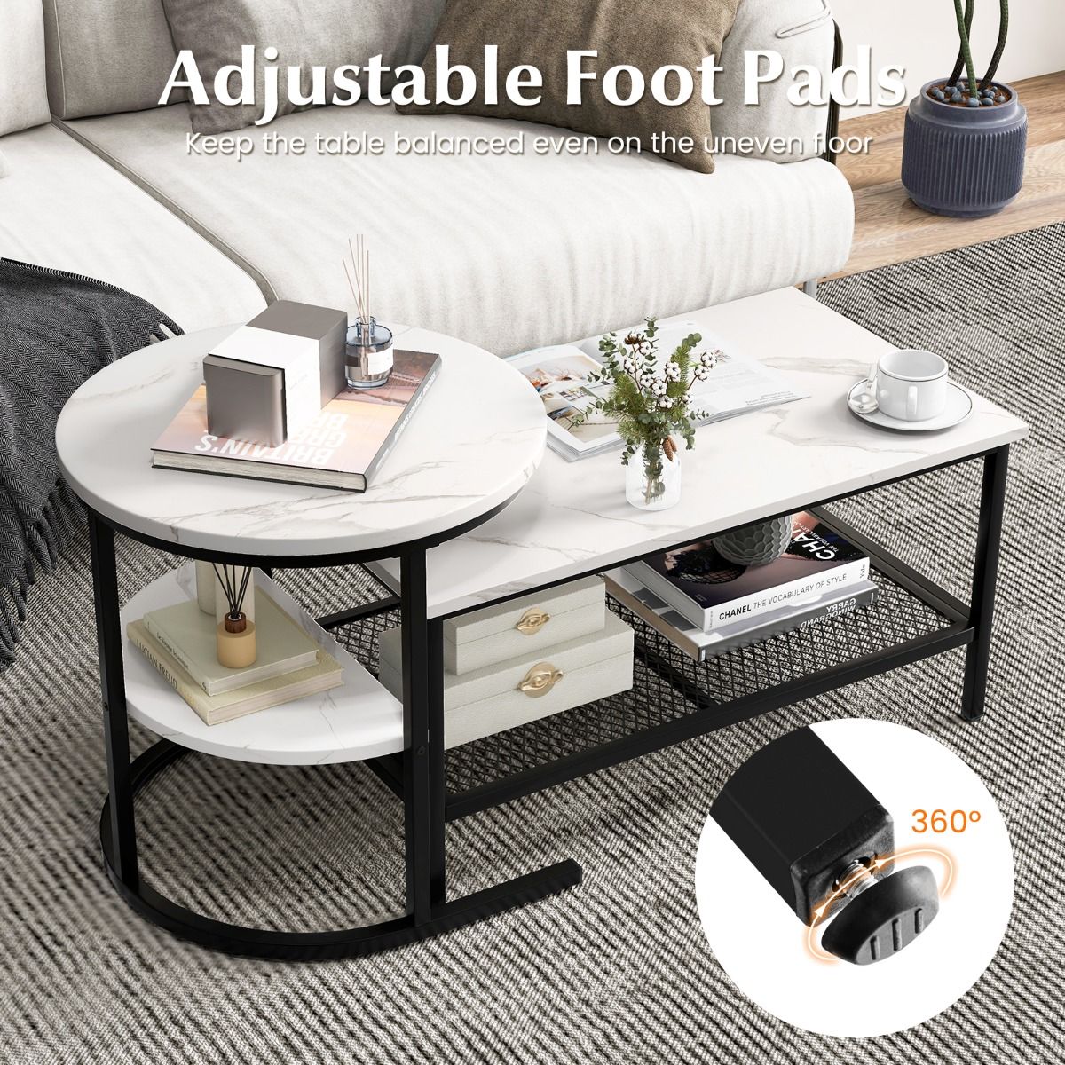 Ensemble de tables d'appoint Coast - table basse et table d'appoint - plateau aspect marbre - noir et blanc