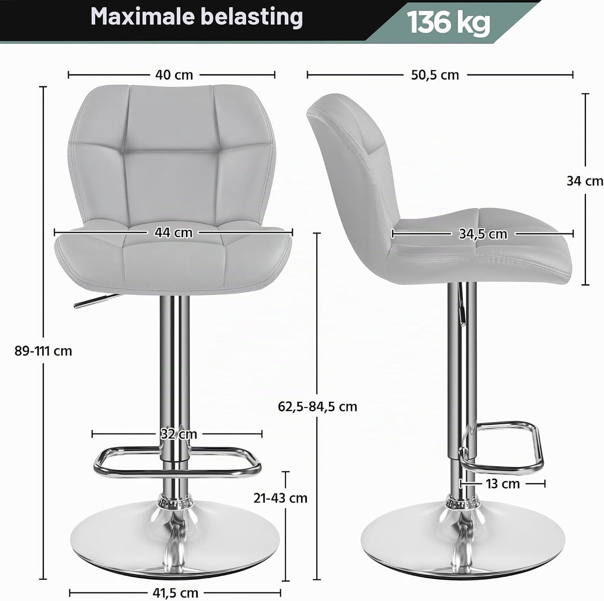 Lot de 2 tabourets de bar Yaheetech - Hauteur d'assise réglable de 62,5 à 84,5 cm - Simili cuir