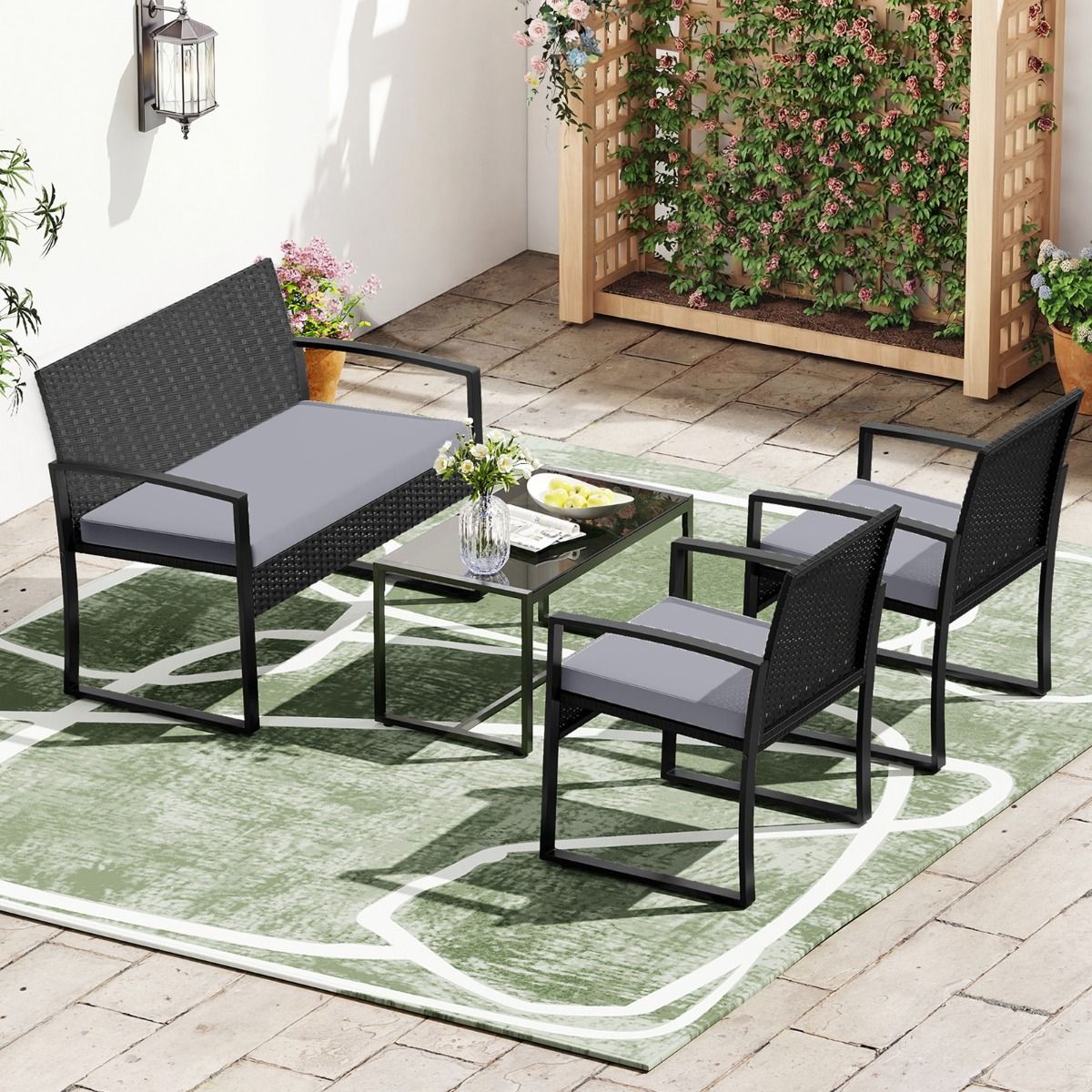 Ensemble de jardin Coast pour 4 personnes – comprenant une table en verre, un canapé 2 places et 2 fauteuils – gris