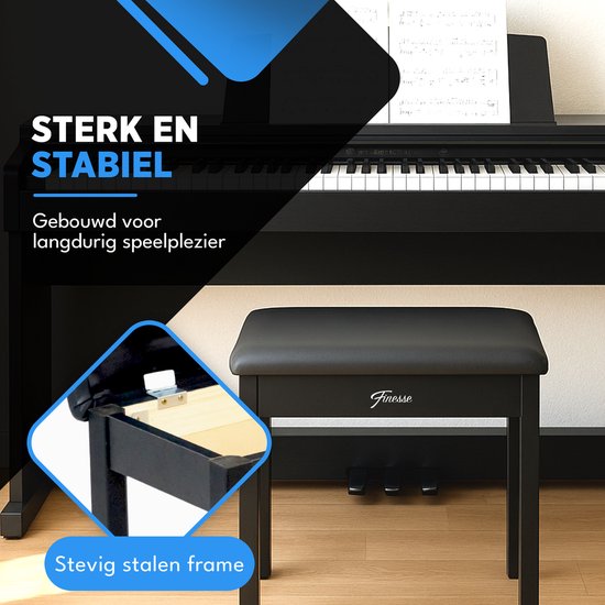 Finesse Tabouret de piano - avec rangement - Coussin souple - Banc de piano - Chaise de piano - Noir