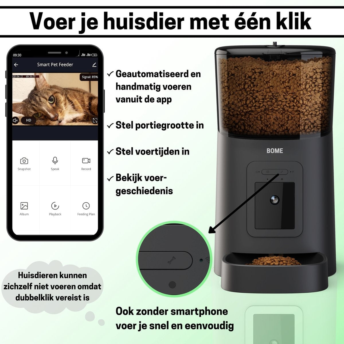 BOME - Distributeur automatique de nourriture à distance pour chiens et chats - Caméra et audio avec carte SD - Noir