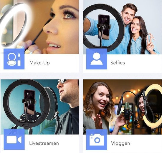 LifeGoods Lampe annulaire - LED - Avec trépied et télécommande - Support pour smartphone - Noir