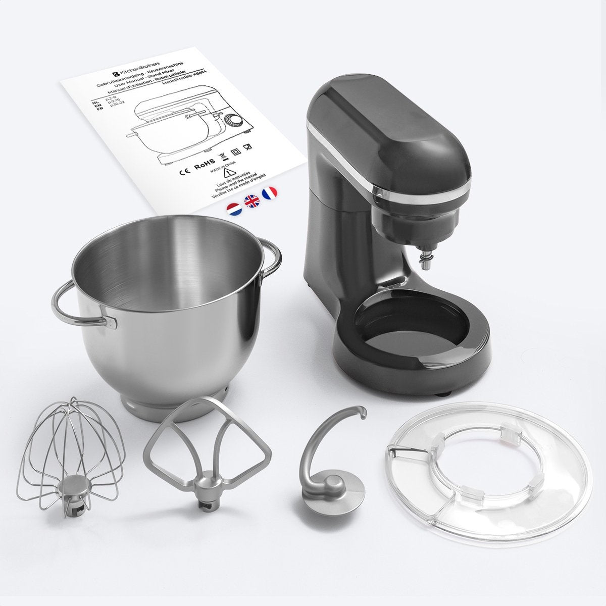 KitchenBrothers Food Processor - Mixeur de cuisine avec bol de 6L en acier inoxydable - Robot de cuisine - 1400W - Anthracite