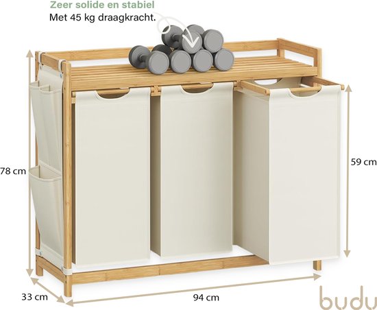 Panier à linge Budu à 3 compartiments - Trieur de linge - Paniers à linge en bambou - 150 L
